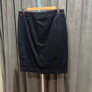 Dark Jean Pencil Skirt with grosgrain trim at waist